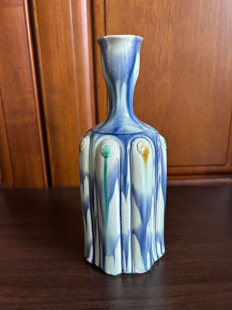 人間国宝　加藤卓男　藍彩貼花文手付花入 重要無形文化財認定