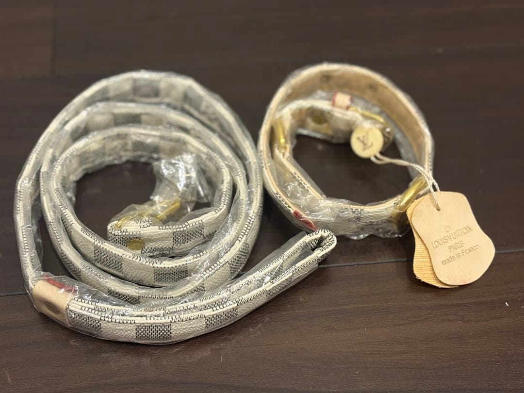 ダミエデザイン　小型犬　首輪　リード　セット　アズール