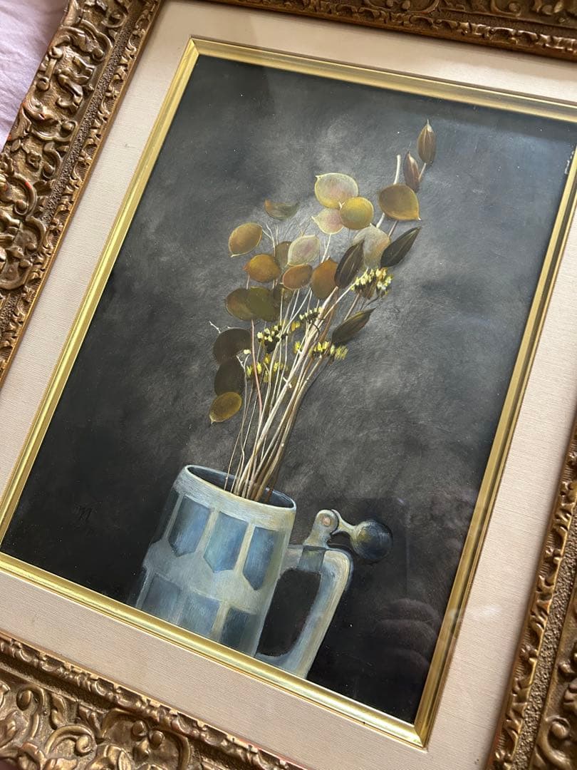 村山きおえ　4号油彩画　枯れた花　1975年制作