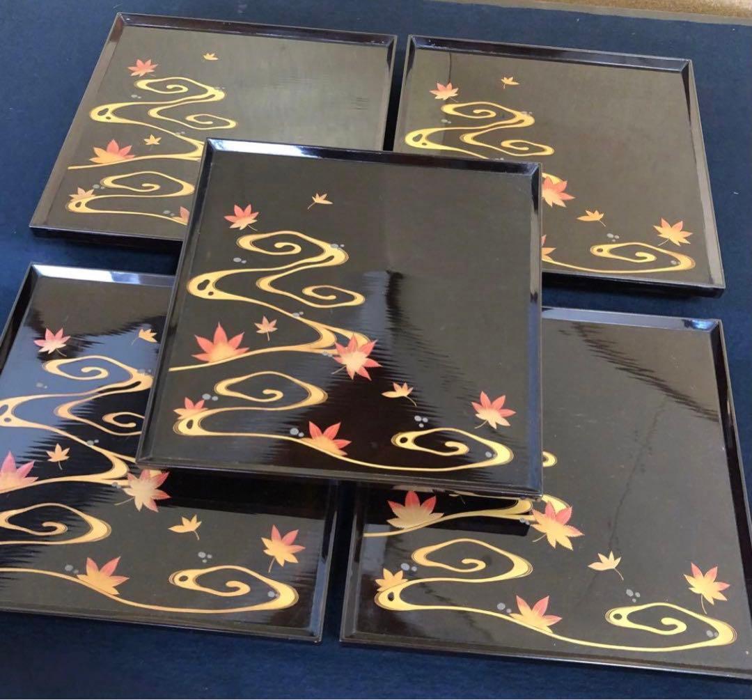 《レ》黒塗 流水紅葉蒔絵 脚付膳 四方膳10客 木製漆器 木箱260116き4