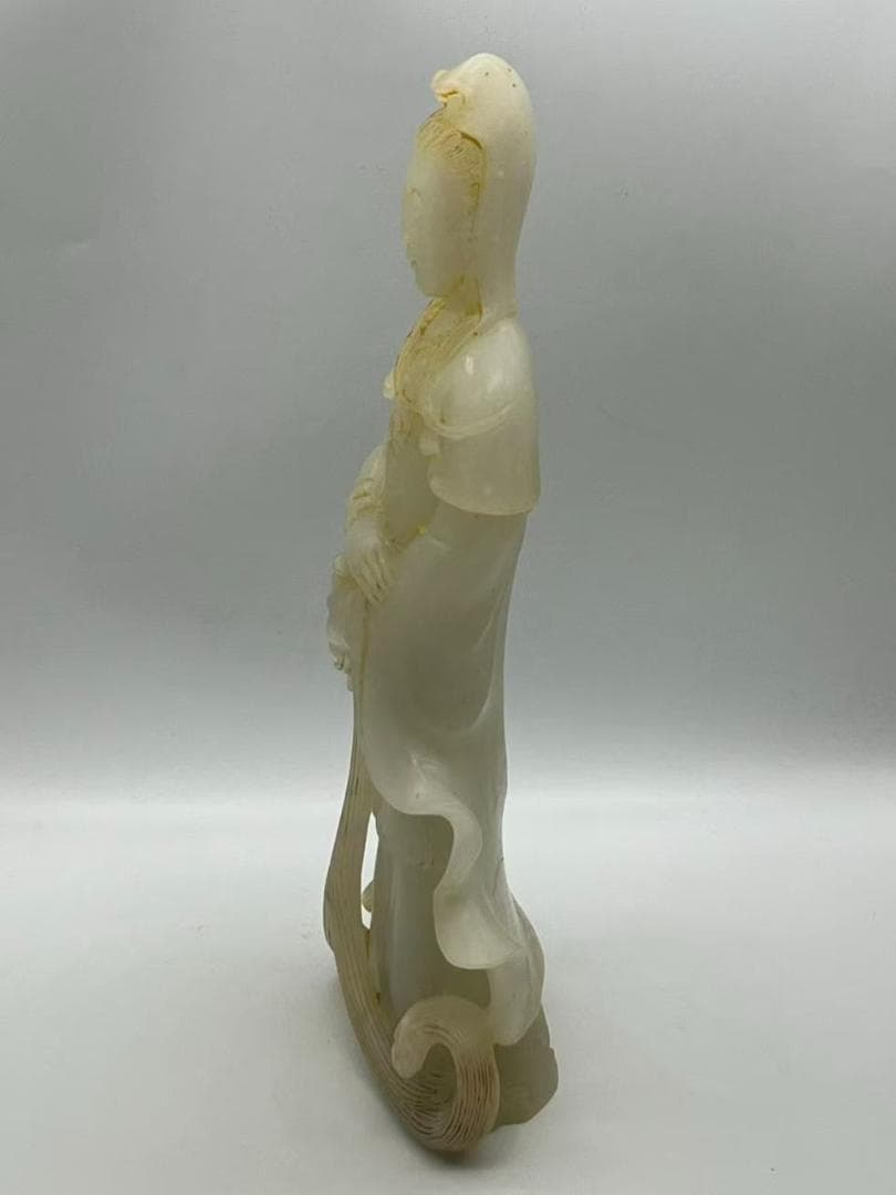 清乾隆時代 和田白玉観音　白和田玉彫り　仏教用品　仏像　唐物(A-96)