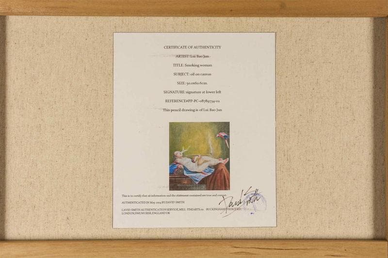 劉宝軍　油彩　肉筆『喫煙婦人』表サイン　画廊取扱シール　F12号　額無　b115