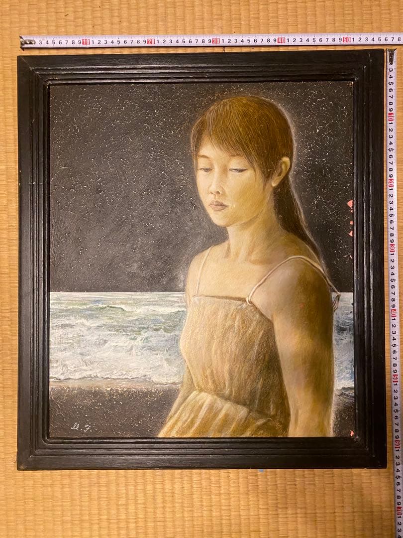 人物画 女性の肖像 黒いフレーム 約55cm×63cm作: M.Funayama