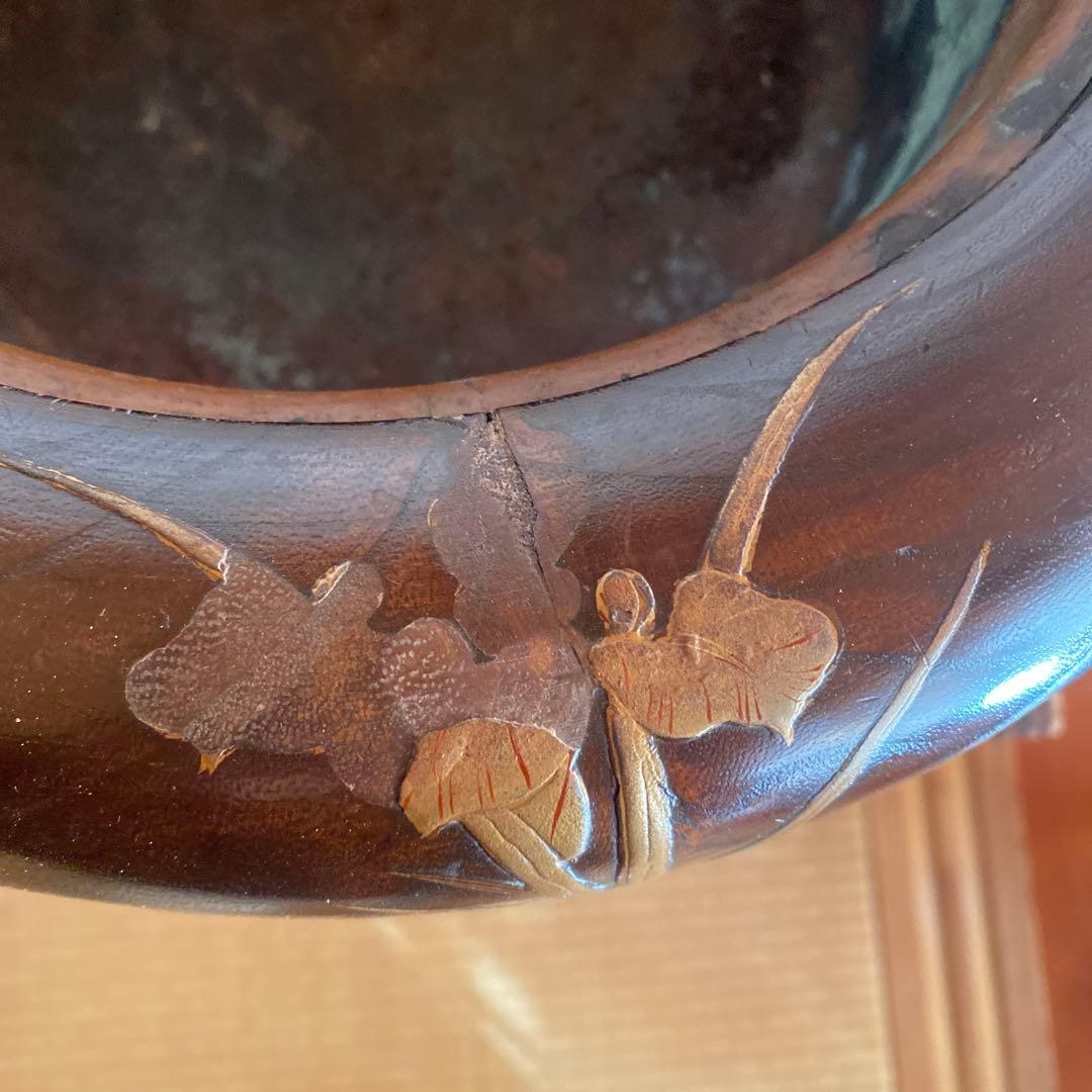 骨董　火鉢　アンティーク　あやめ蒔絵火鉢　花菖蒲　螺鈿細工　花柄　金彩　木製