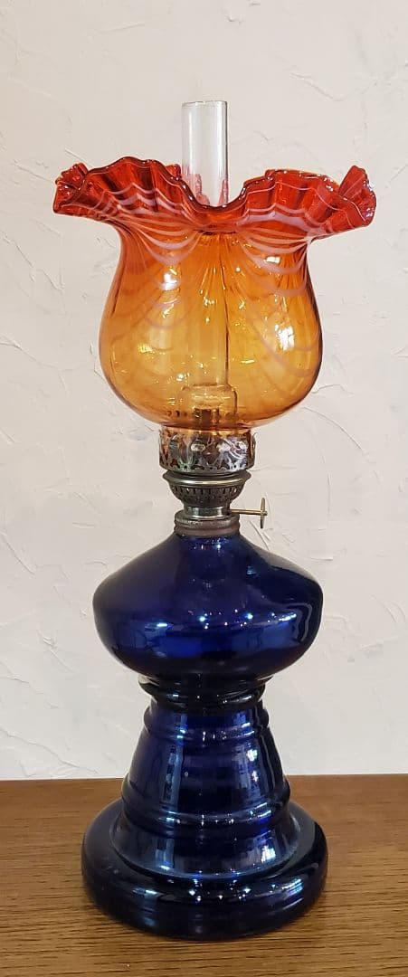 金魚鉢型　オイルランプ　かきあげ　波状紋　約４６cm コバルト　赤橙