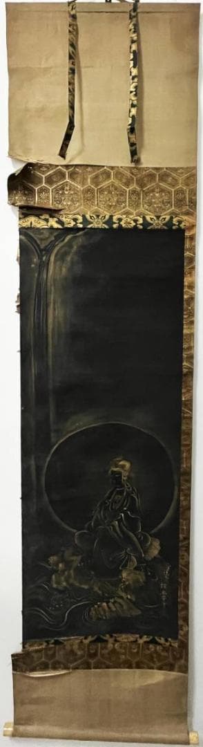 【金泥】★狩野探幽 瀧観音図★真筆 朱塗箱 絹本 検）狩野派 雪舟 狩野永徳