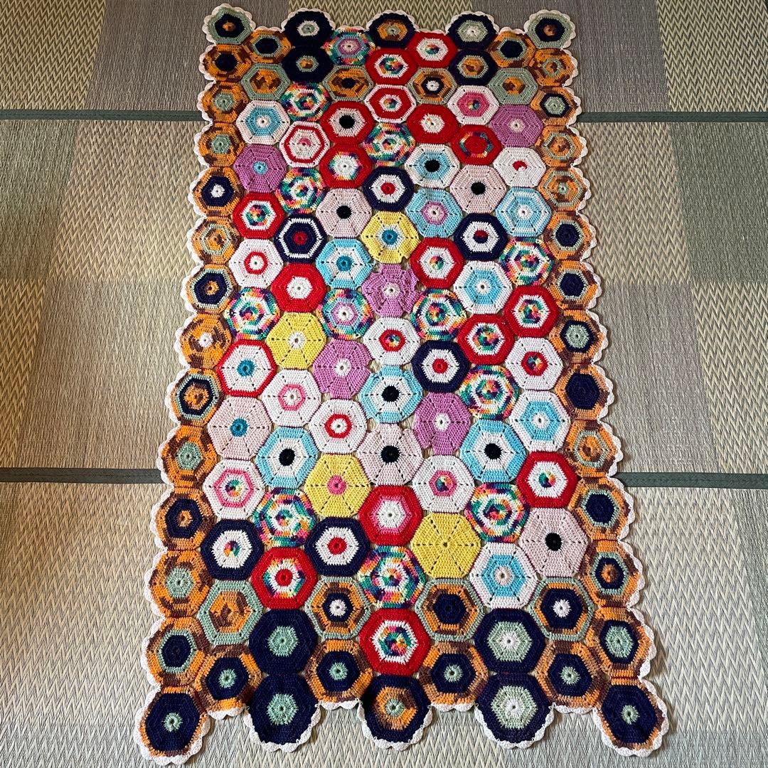 レア！60s〜70sアメリカアンティーク　多彩色ニットラグ　USAヴィンテージ