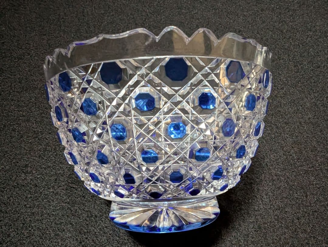 堀口切子　瑠璃色被　籠目紋様　向付鉢