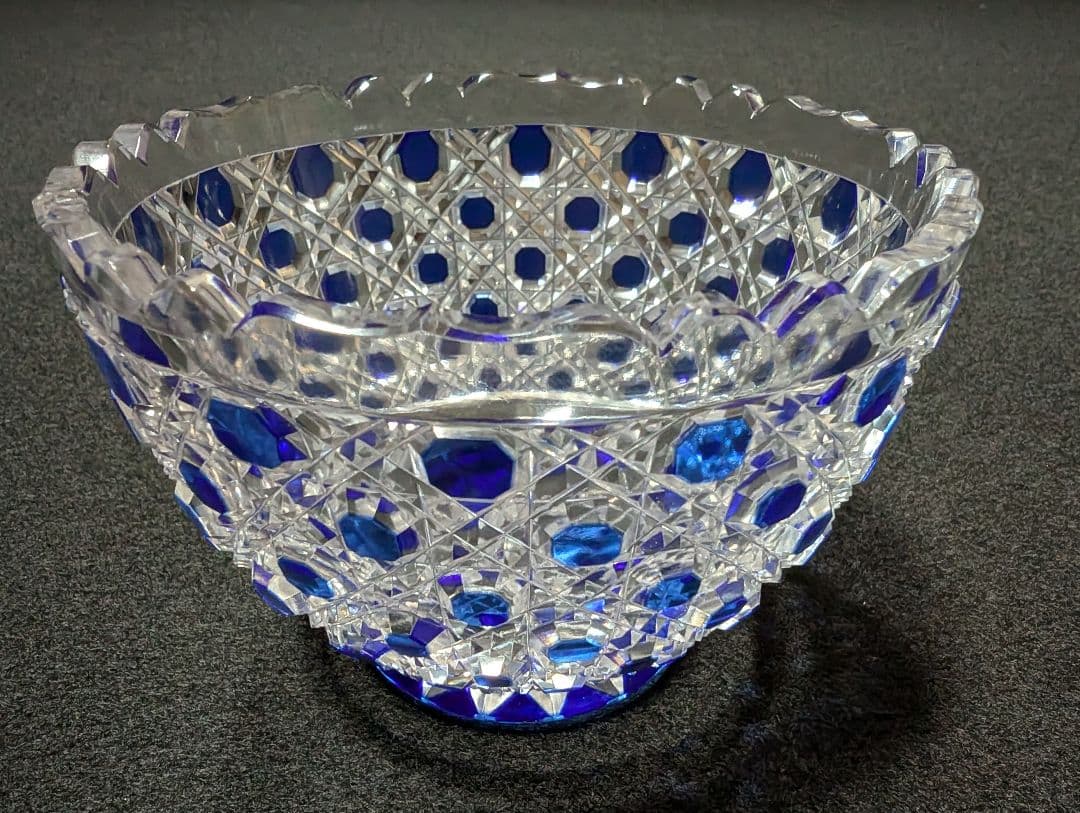 堀口切子　瑠璃色被　籠目紋様　向付鉢