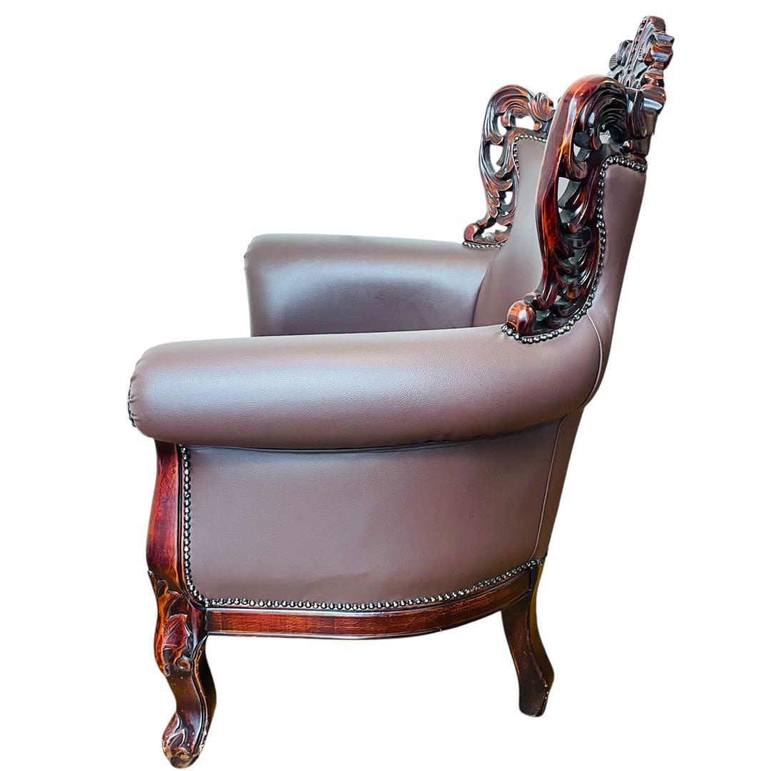 高級 アームチェア ソファ クラシック ヨーロピアン 1人掛け 鋲打ち 彫刻 革