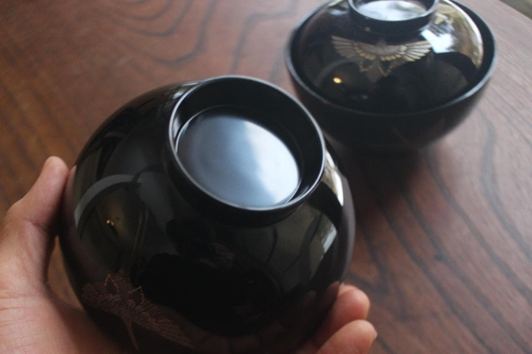 デッドストック！上質黒漆に極上鶴沈金の映えるお椀2点（検輪島塗沈金椀雑煮椀