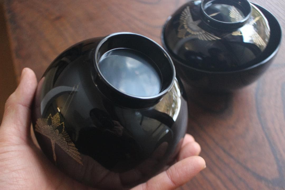 デッドストック！上質黒漆に極上鶴沈金の映えるお椀2点（検輪島塗沈金椀雑煮椀