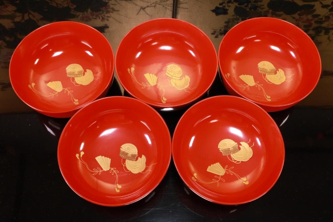 BK106　時代輪島塗　雅楽楽器図金蒔絵　吸物椀　五客　木製　懐石 会席 菓子