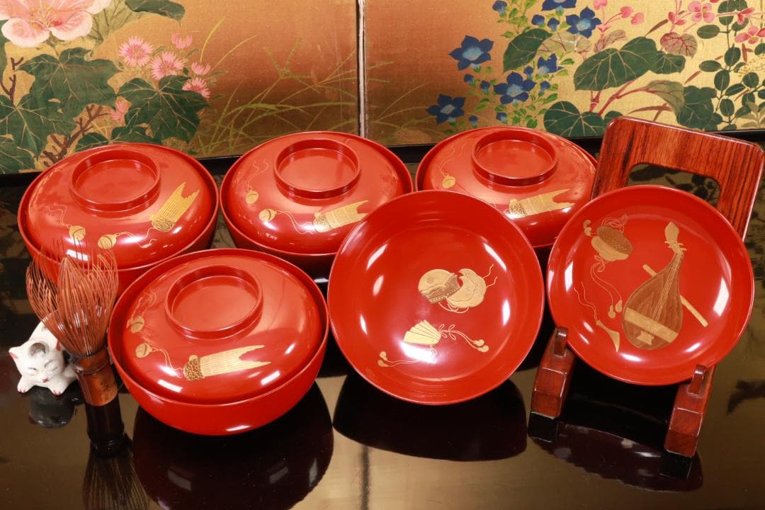 BK106　時代輪島塗　雅楽楽器図金蒔絵　吸物椀　五客　木製　懐石 会席 菓子