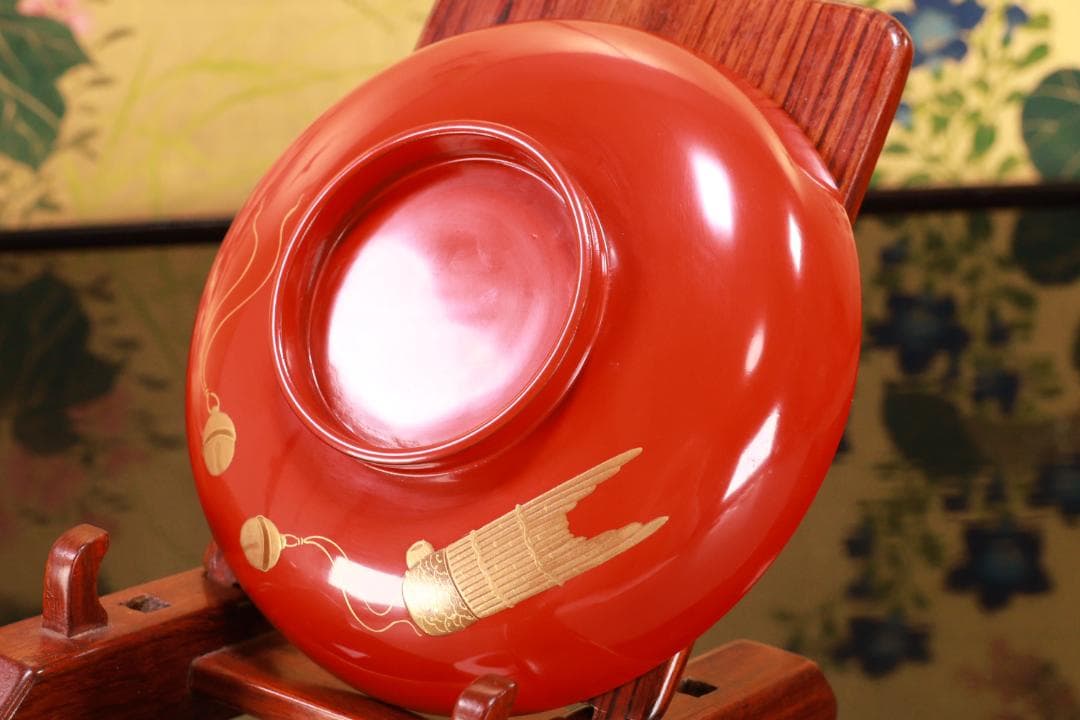 BK106　時代輪島塗　雅楽楽器図金蒔絵　吸物椀　五客　木製　懐石 会席 菓子