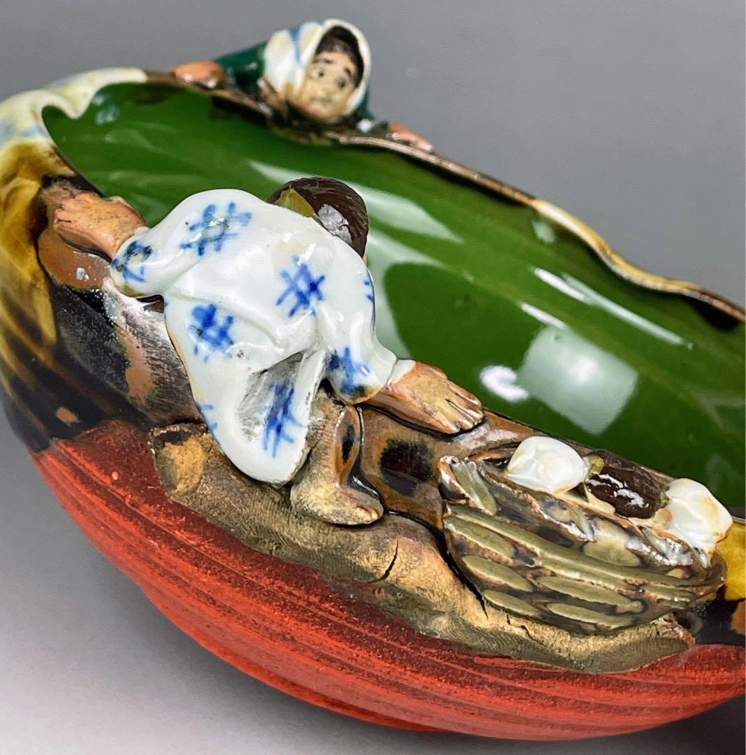 隅田焼 井上良斎 高浮彫人物立体造形焼物 明治期 ボウル トレイ 深皿 鉢