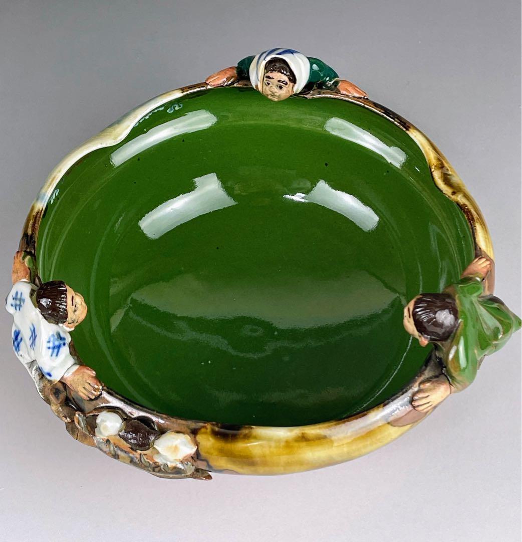 隅田焼 井上良斎 高浮彫人物立体造形焼物 明治期 ボウル トレイ 深皿 鉢