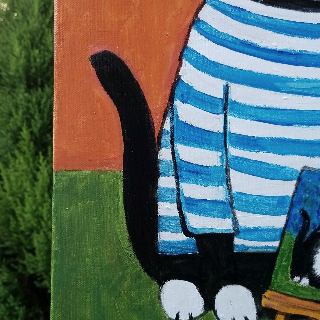 油絵 　専用　バスクシャツを着て自画像を描く猫
