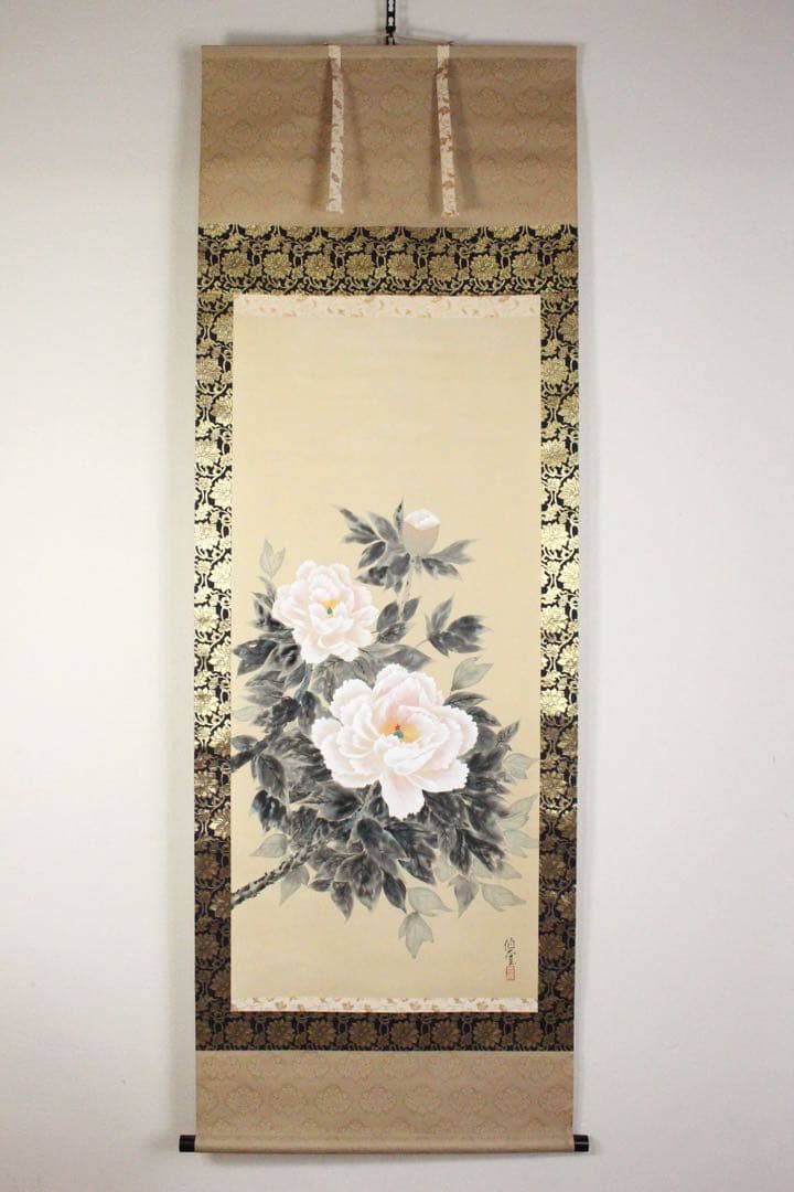 No5207 掛軸　稲垣伯堂　牡丹図　着色絹本　日本画　古画　古美術　送料無料