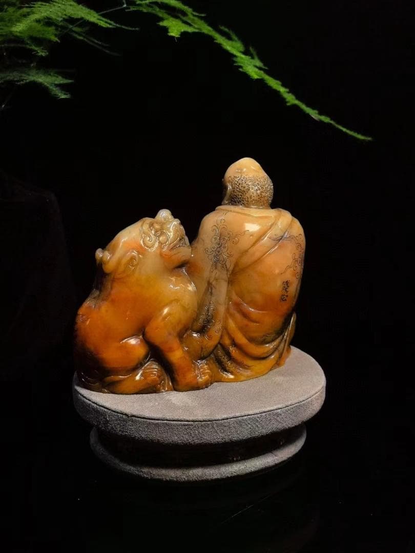 中国古美術・瑞獣羅漢の印鑑・寿山石三彩水晶田黄・置物・純手彫り・風水開運・文房具