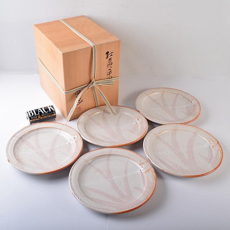 和食器　美濃焼　安藤日出武作　紅志野　草文　平皿　五客　共箱　M　R7893B