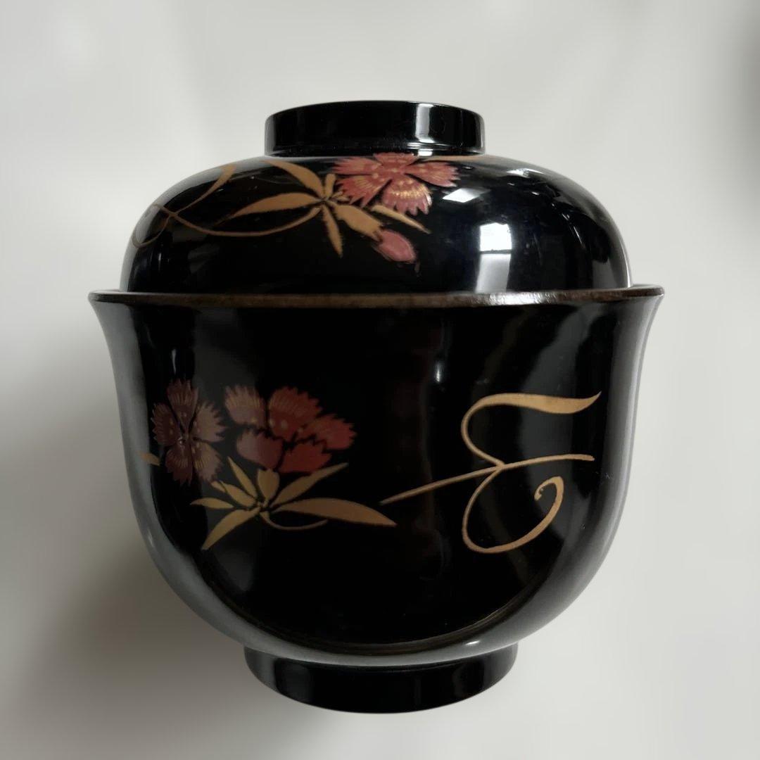 ✴︎自宅蔵出し・京型汁粉椀・なでしこ模様・漆器 蓋付き椀 10個セット 未使用✴︎