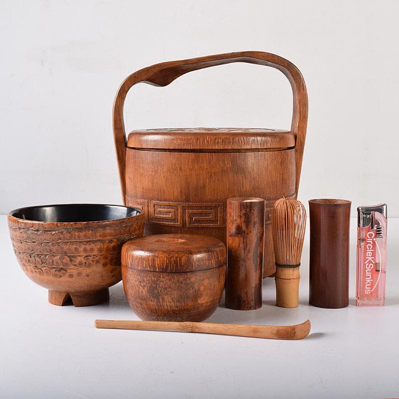 茶道具　中川竹仙作　竹根　持ち手付　抹茶器　茶碗など　六点一式　J　R8300B