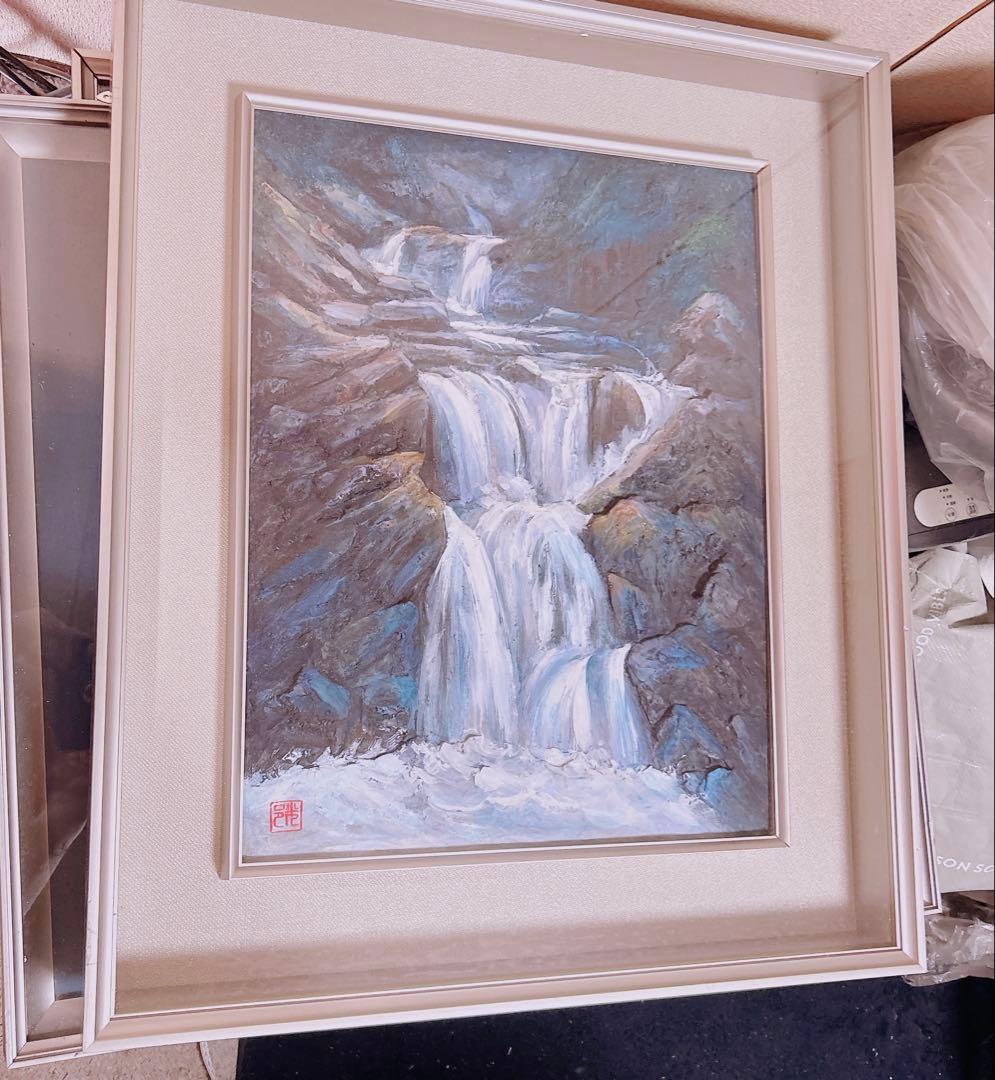 日本絵画　風景画　滝　水　ガラス額縁付き　壁掛け