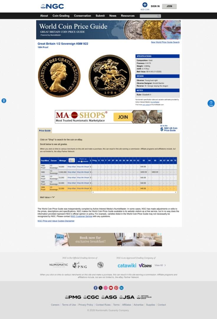 準最高鑑定　NGC-PF69 ヤングエリザベス　ハーフソブリン　1984