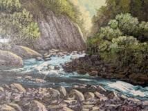 【真作】絵画　油彩8号　清流きらめく渓谷美　水音響く緑の回廊　X159