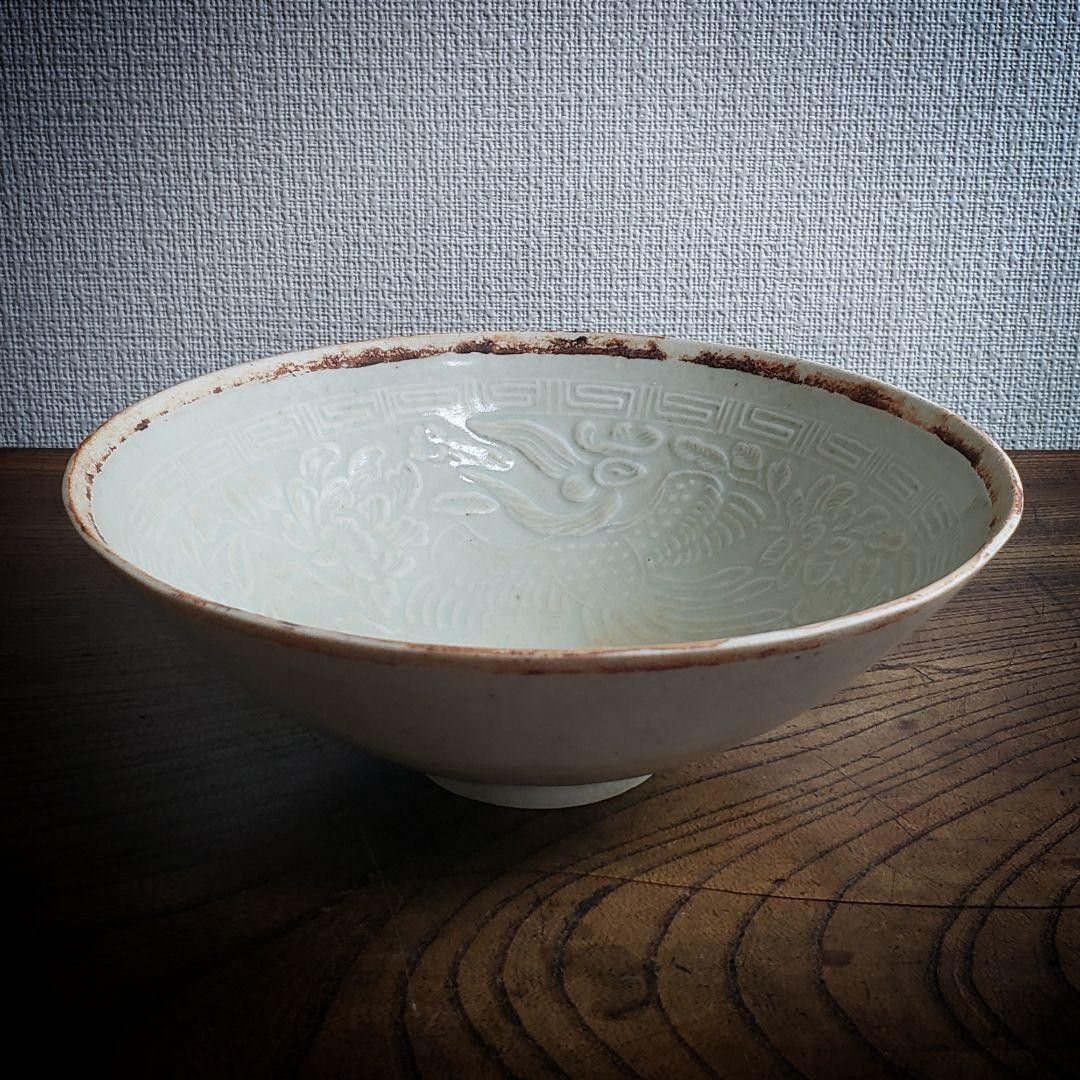 椀　青白磁　鳳凰　花文様　訳あり　割れ直し　中国古美術　宋