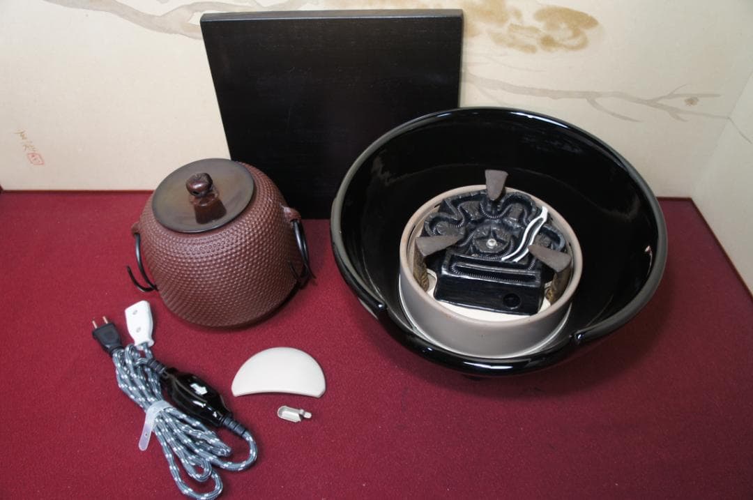 ☆ 創巧野々田 真塗風炉(紅鉢型)電熱器 在銘霰地紋棗釜 他フルセット送料込み