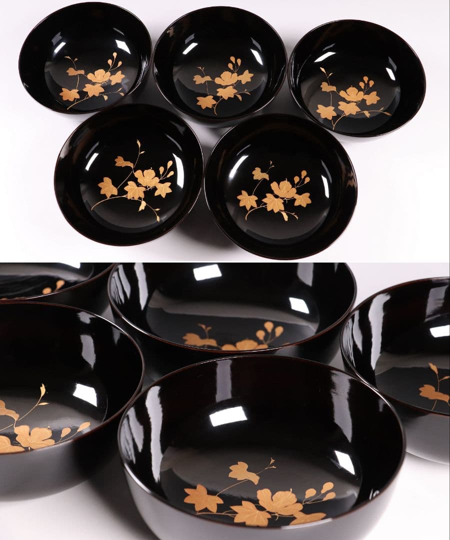 CL37 輪島塗 諫鼓鶏金蒔絵 黒塗椀 五客 木製漆器 鶏 太鼓 草花