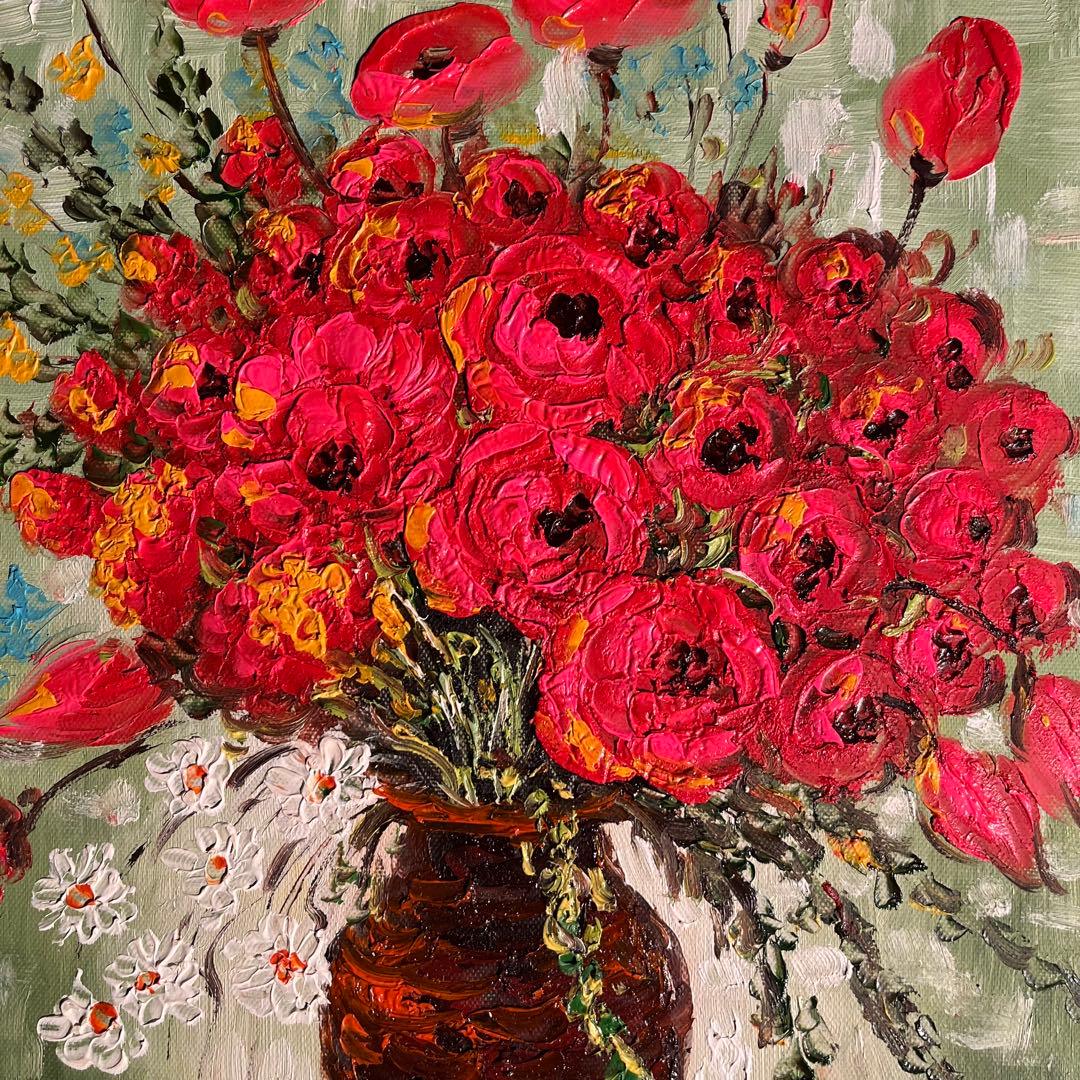 手書き油絵 ゴッホ 赤いヒナゲシとヒナギク 額付 絵画 インテリア 油彩画