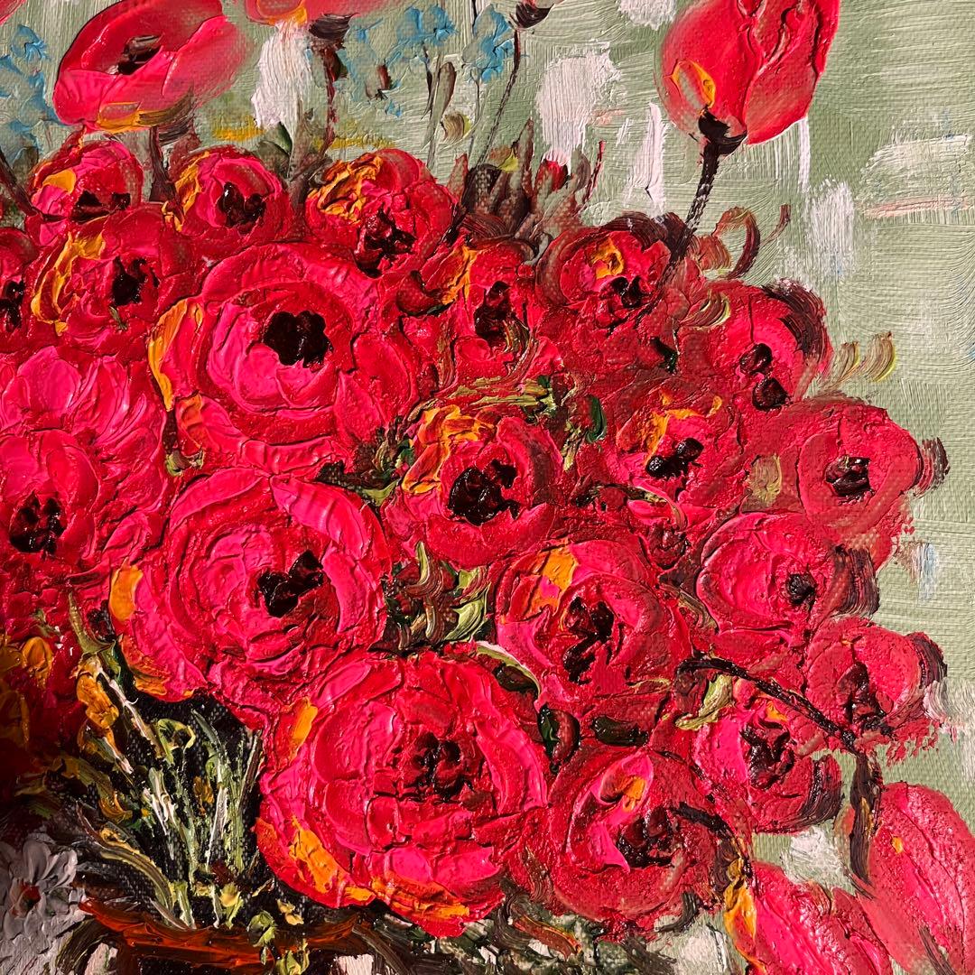 手書き油絵 ゴッホ 赤いヒナゲシとヒナギク 額付 絵画 インテリア 油彩画