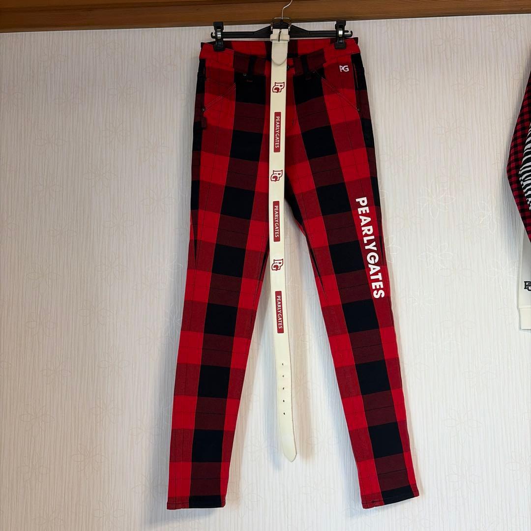 PEARLY GATES PG89 ゴルフ用パンツ レッド/ブラックチェック