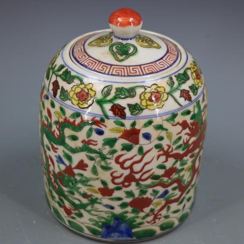 青花五彩着花竜紋蓋缶 景徳鎮 陶磁器 装飾品 現代工芸品 美術品 置物