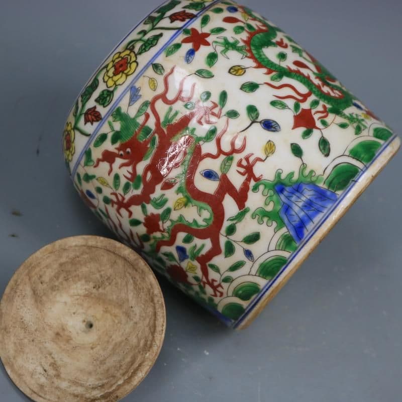 青花五彩着花竜紋蓋缶 景徳鎮 陶磁器 装飾品 現代工芸品 美術品 置物