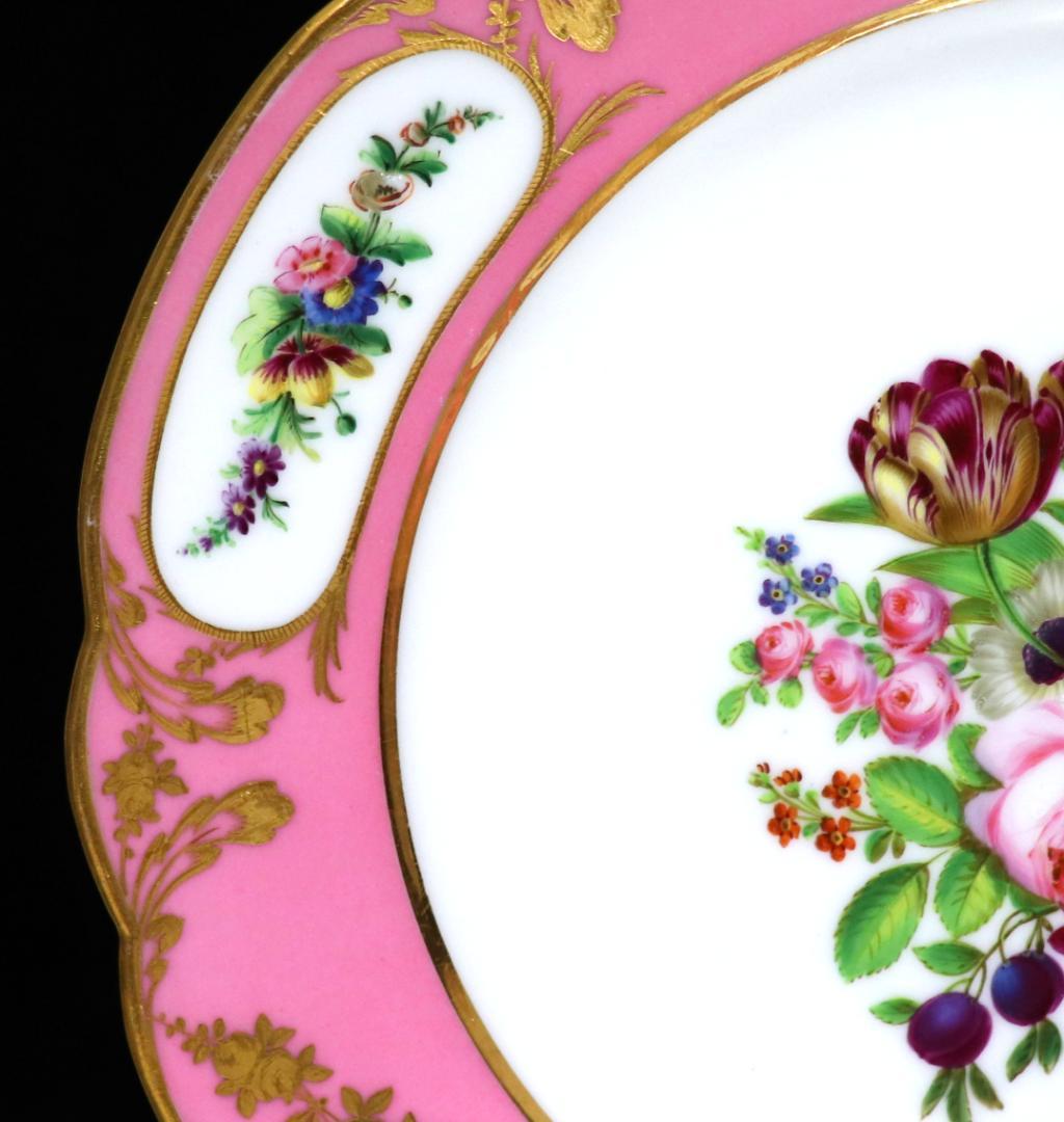 オールド・セーブル 美術館級1786年製淡紅地色絵金彩花文皿ポンパドゥールピンク