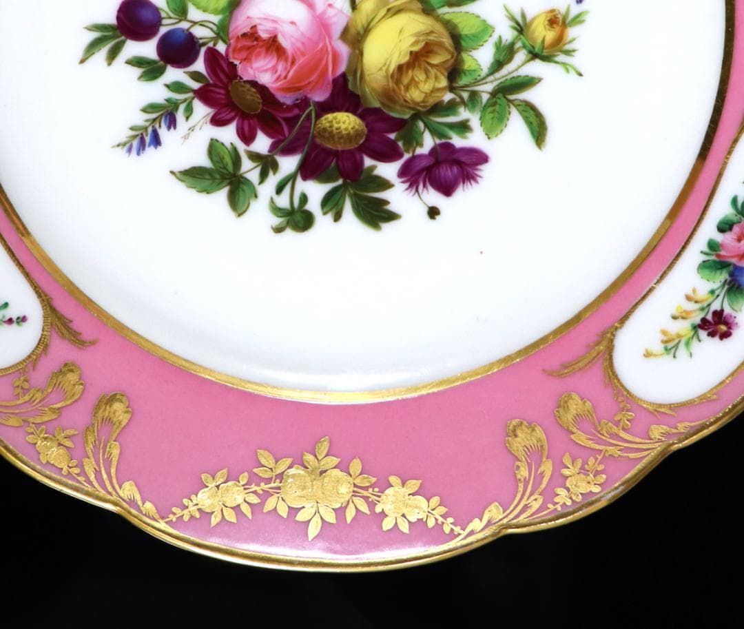 オールド・セーブル 美術館級1786年製淡紅地色絵金彩花文皿ポンパドゥールピンク