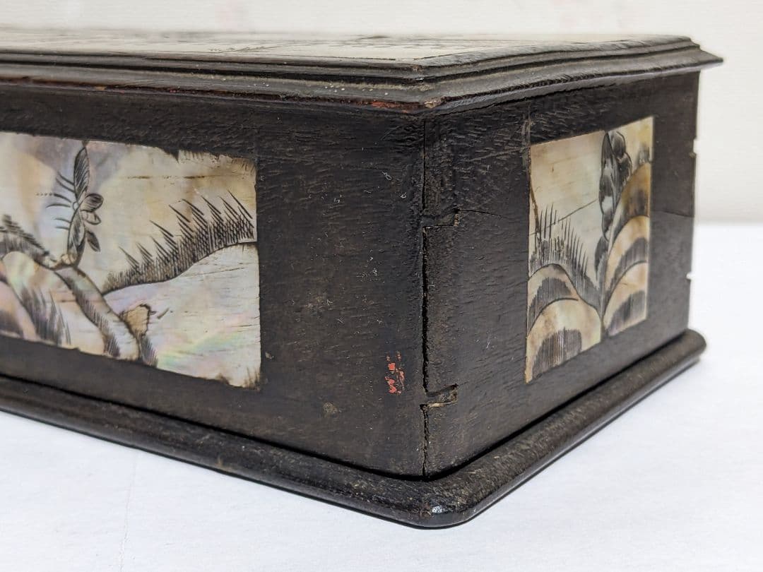 ⭐古美術品 清時代 中国 朝鮮 李朝 楼閣 橋人物図 螺鈿細工 手箱 骨董品