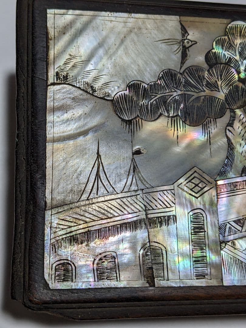 ⭐古美術品 清時代 中国 朝鮮 李朝 楼閣 橋人物図 螺鈿細工 手箱 骨董品