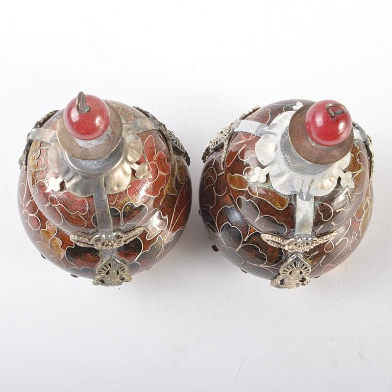 中国　紋銀　龍観音像装飾　銀象嵌　七宝鼻煙壷　一對　V　R6401