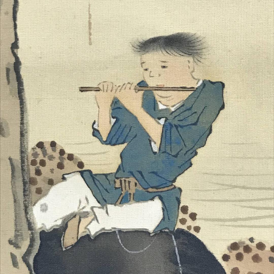 【真作】前田玉華/月下遊牧図/山水図/牧童図/牛人物図/掛軸☆宝船☆AD-538