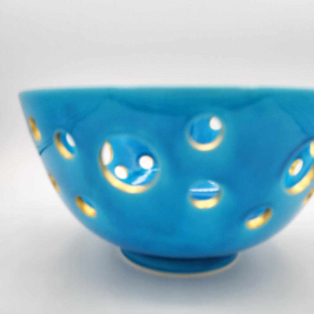 756 菓子鉢　浅黄交趾　水玉透　中村翠嵐　茶道具　茶道