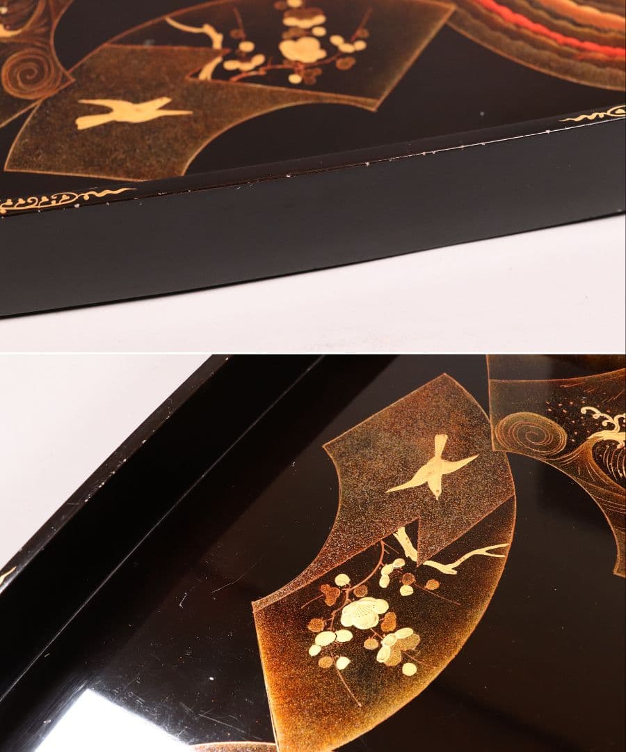 時代 広蓋 二枚組 59.1cm 扇面めでた図蒔絵 長方盆 木製【MA278】