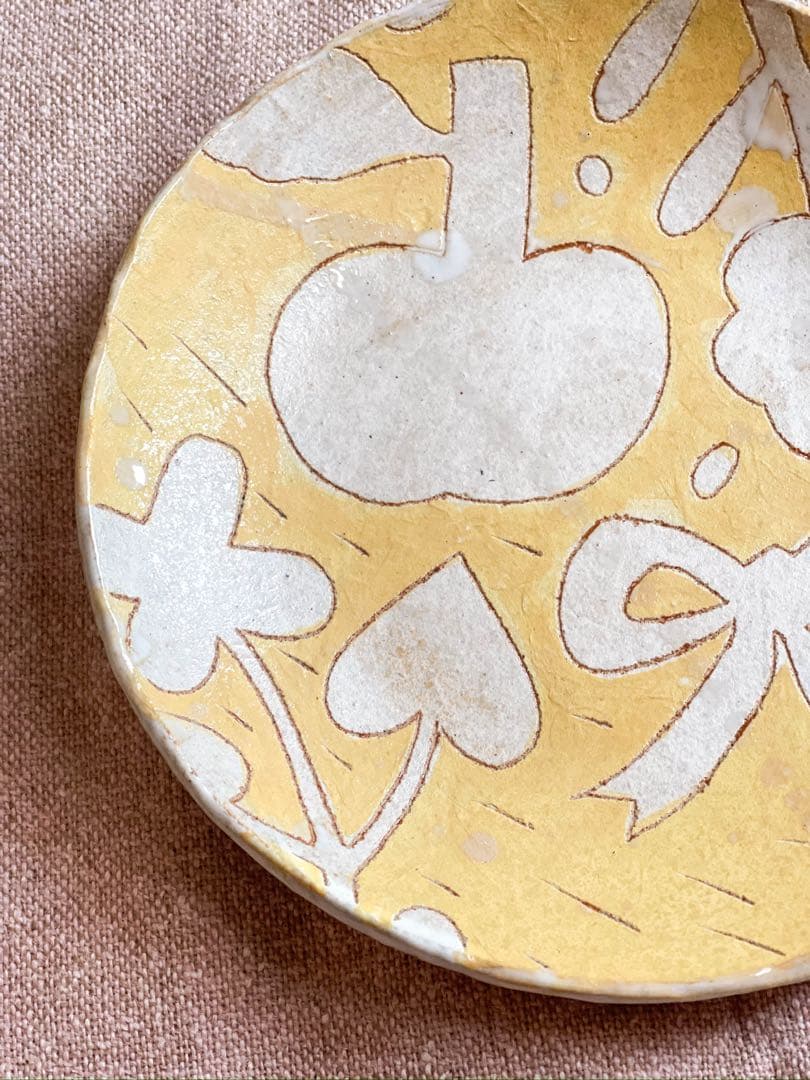 未使用【鹿児島睦】りんごと花 リボン プレート 黄 16.5cm｜限定・個展作品