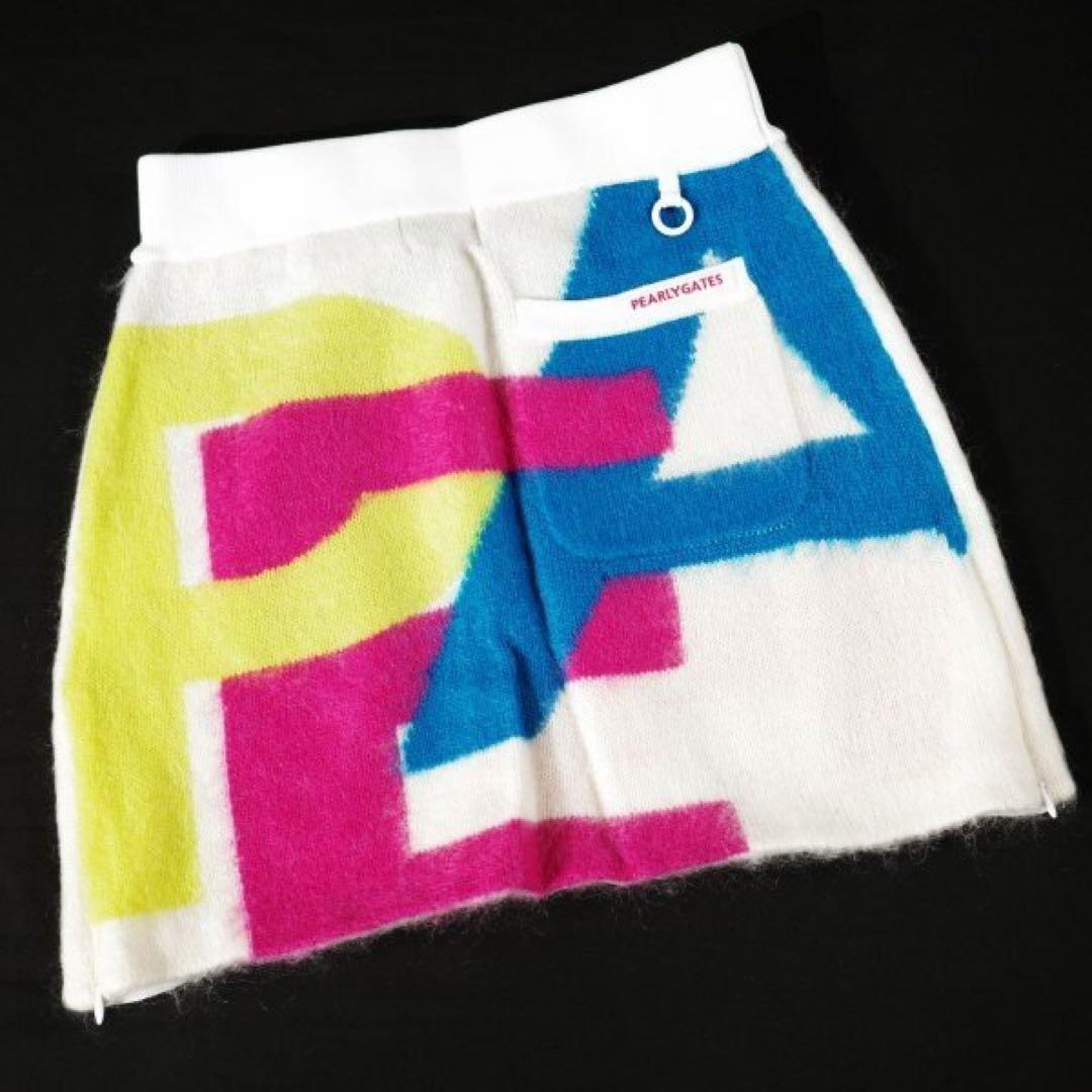 【PEARLY GATES】秋冬モヘヤ混 羊毛ニットスカートカラフルロゴ・1番M