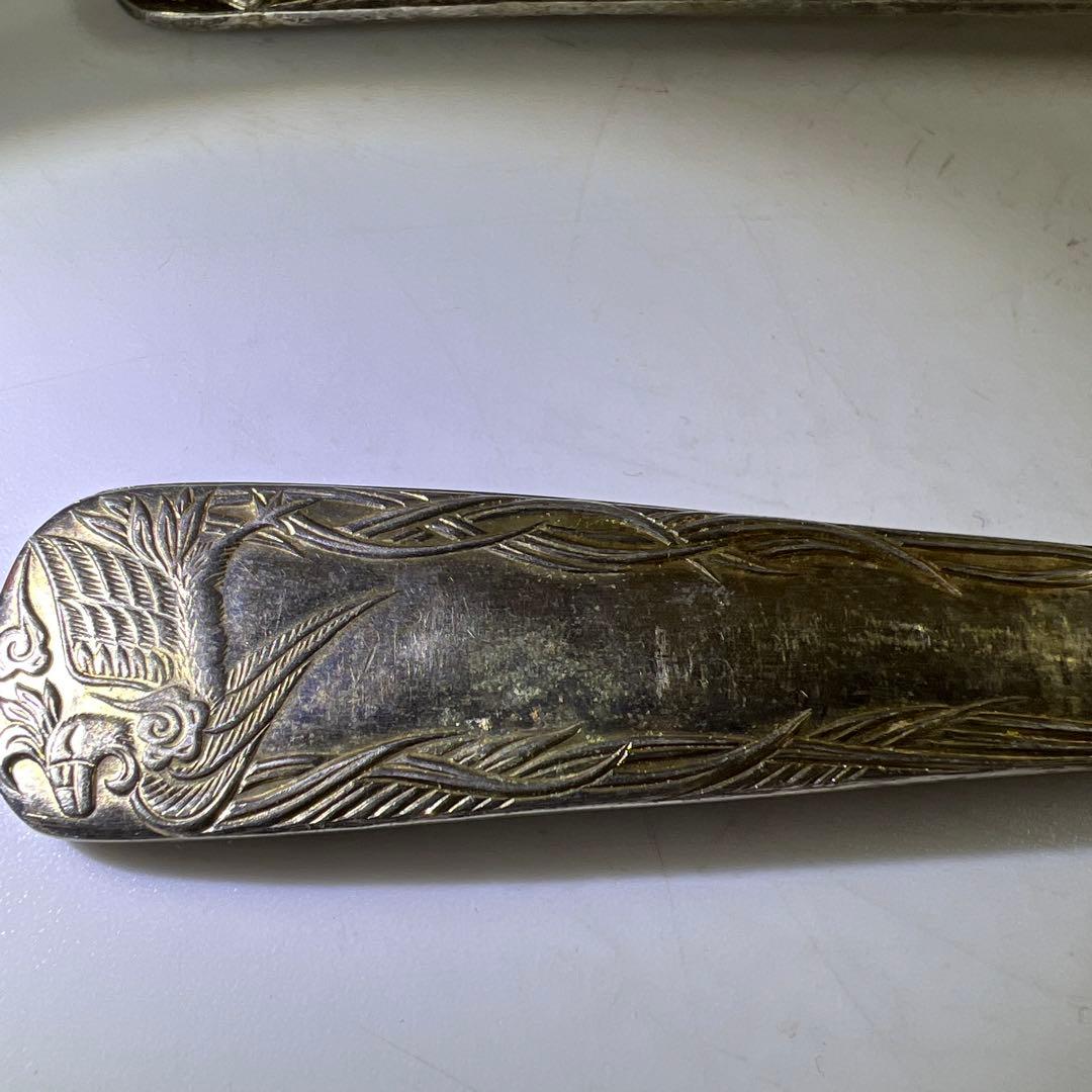 中国古玩　シャム銀　大さじ3点　317g/24.5㎝　東Y7-0630②