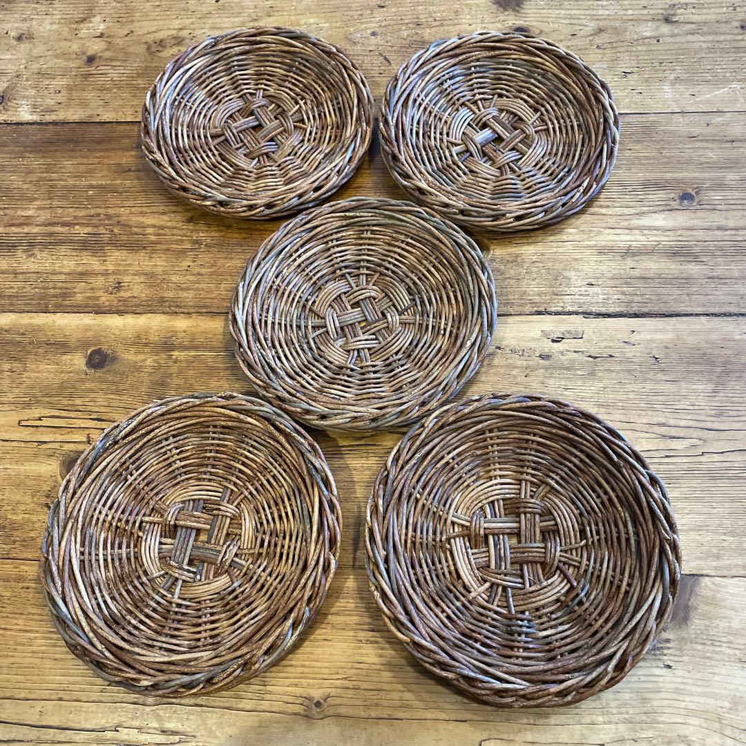 あけび細工プレート工芸品15㎝5枚セット　茶托工芸品蔓あけびかご菓子器銘々皿茶席